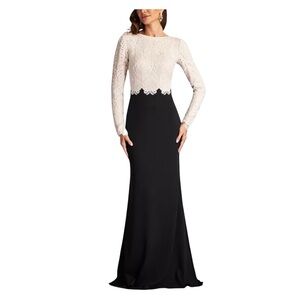 Tadashi Shoji Long Sleeve Corded Crepe Cream and Black Lace Evening Gown Sz 4